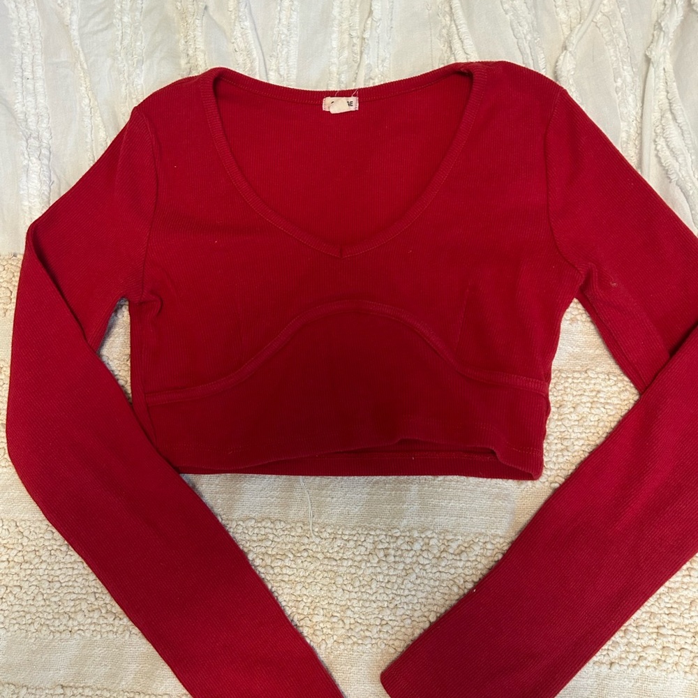 Garage Red Ribbed Long-Sleeve V-Neck Cropped Top